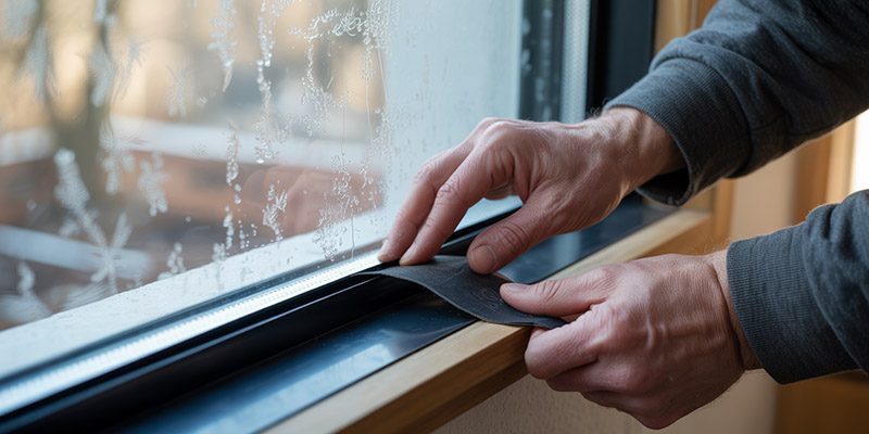 Мъж поставя самозалепващи уплътнения за по добра енергийна ефективност